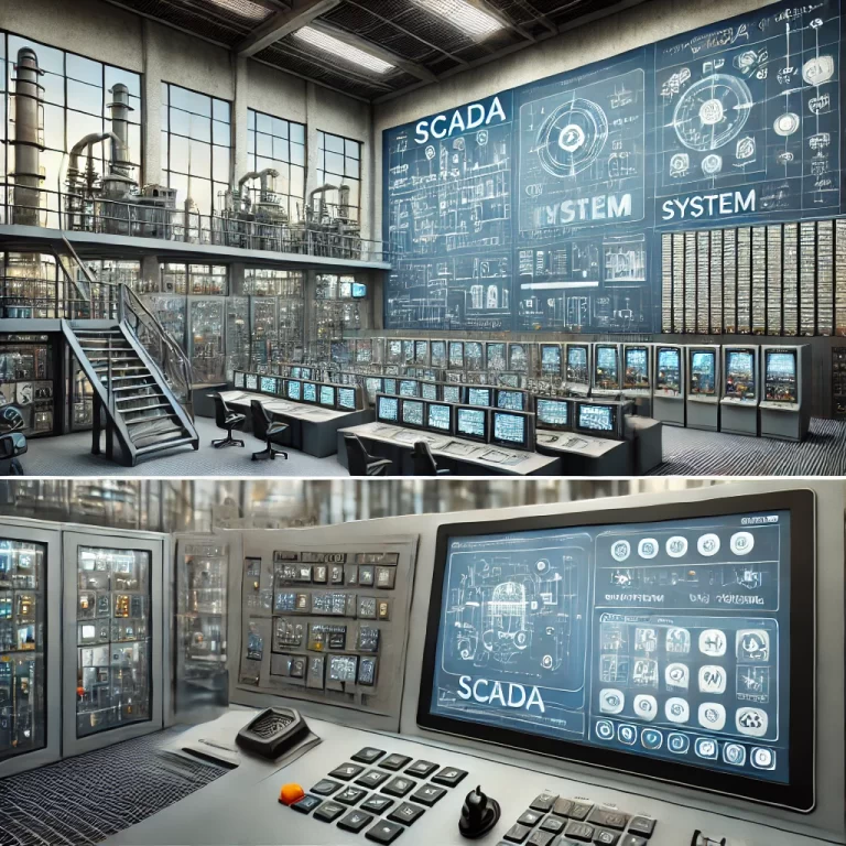 SCADA operations center with control wall and monitoring stations